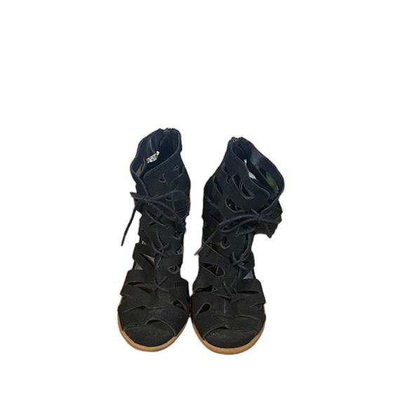 Mia Black Suede Caged Open Toe Lace Up Ankle Heels Women Sz 7 - Picture 2 of 12